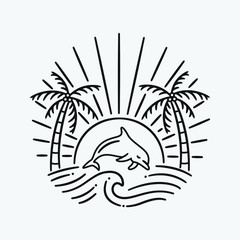 vacation summer beach vintage retro, vector line art illustration. Fun holiday, coloring book.