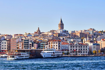 Istanbul cityscape in Turkey with Galata Kulesi Tower. Ancient Turkish famous landmark in Beyoglu district, European side of the city. Architecture of the former Constantinople