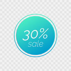 30% sale circle symbol. Vector isolated icon on transparent background. Blue gradient sign for discount label, best offer, advertisement