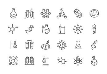 Medical science icons. Simple line chemistry virus lab set of medical analysis experiment, laboratory test flask, chemical formula and reaction tube. Vector illustration editable stroke - obrazy, fototapety, plakaty