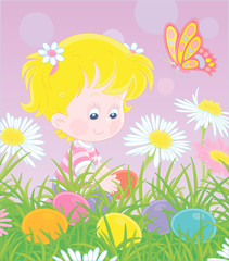 Obraz na płótnie Canvas Eater egg hunt. Happy little girl seeking colorfully painted eggs among grass and flowers on a green field at a traditional spring festival, vector cartoon illustration
