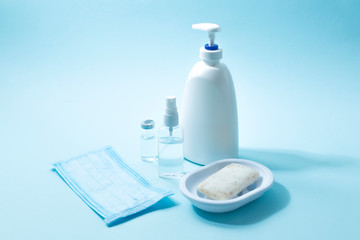 Hand sanitizers against the virus. Alcohol spray, soap, surgical mask.