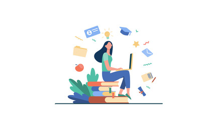 Student with laptop studying on online course. Woman sitting on stack of books and using computer. Vector illustration for internet school, knowledge, education concept