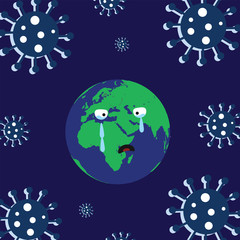 Naklejka na ściany i meble earth cartoon crying - virus icon vector on blue background - coronavirus 