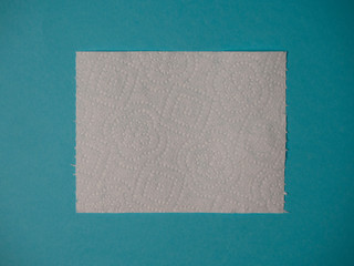 Torn sheet of white toilet paper on a blue background close up with copy space.