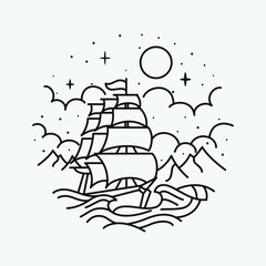 vacation summer beach vintage retro, vector line art illustration. Fun holiday, coloring book.