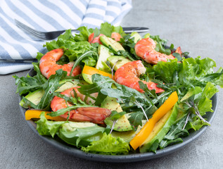 Fresh green salad with avocado, shrimp and arugula