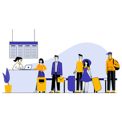 Travelers in airport waiting in queue for check vector illustration. People standing in airport departure area. Gate agent checking people before boarding. Airline transportation service.