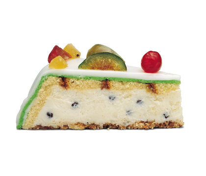 Slice of Sicilian Cake "Cassata Siciliana" &ndash; Traditional Glazed Cheesecake with Candied Fruit and Chocolate from Italy &ndash; Isolated on White Background