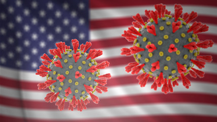 Obraz premium Coronavirus epidemic outbreak in United States of America. Concept of pandemic illness spreading in USA with flag in background. Infectious virus causing COVID-19 disease.