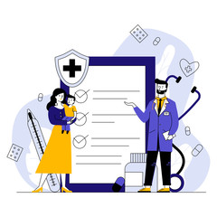 Woman with kid consulting doctor. Patient, pediatrician, medical checkup list flat vector illustration. Examination, healthcare, treatment concept for banner, website design or landing web page