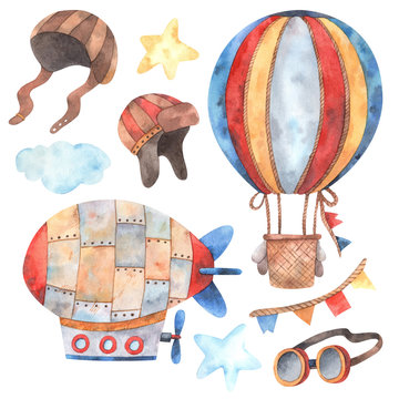 Watercolor elements on the theme of air transport and attributes for design and decoration. Clipart from air transport