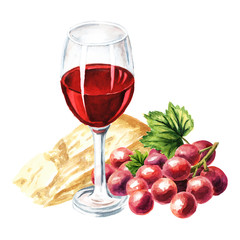 Glass of red wine, grapes and parmesan cheese