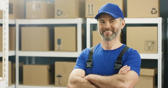 Portrait shot of Caucasian handsome postman with gray beard in blue uniform and cap smiling joyfully to camera in postal office store among shelves with parcels. Man courier standing in mail storage.