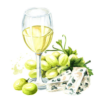 Glass of white wine, fresh ripe green grapes and Blue mould cheese. Hand drawn watercolor illustration, isolated on white background