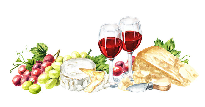 Glass of wine,  grapes and cheese. Hand drawn horizontal  watercolor illustration, isolated on white background