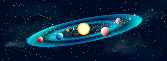 Sun and planets star system. Shining sun and planets. Solar system. Galaxy. The night starry sky. Space background