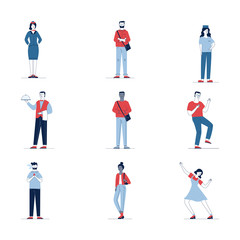 Modern collection of diverse cartoon people. Flat vector illustrations of man and woman smoking, dancing, standing. Activity and lifestyle concept for banner, website design or landing web page
