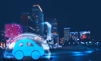 Toy car safely inside a shield dome in the city at night. Protection and insurance concept