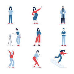 Fototapeta na wymiar Big collection of different cartoon people. Flat vector illustrations of man and woman stumbling, doing selfie. Activity and lifestyle concept for banner, website design or landing web page