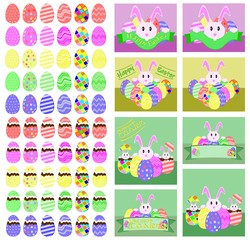 Easter vector set consisting of different colored Easter eggs and some examples of greeting cards or for sales campaigns with special offers.