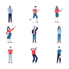 Stylish set of various cartoon people. Flat vector illustrations of man and woman standing, saluting and looking aside. Activity and lifestyle concept for banner, website design or landing web page