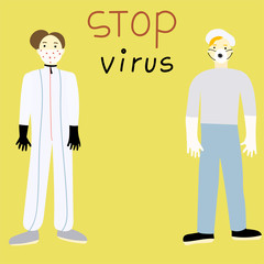 Cute card of Preventing the Covid 19 Virus Infection, Coronovirus alert, Flu spreading of world. Cartoon people in protective medical clothes.
