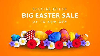 Easter vector banner with flowers and easter eggs in 3D style with special offer up to 50% off