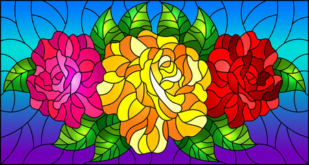 Illustration in stained glass style with flowers, buds and leaves of  roses on a blue background 