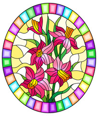 Illustration in stained glass style with a bouquet of pink flowers on yellow background in bright frame, oval image