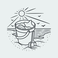 vacation summer beach vintage retro, vector line art illustration. Fun holiday, coloring book.