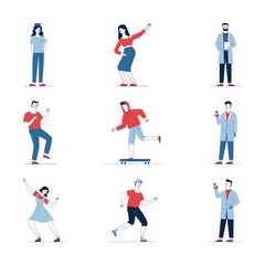 Fototapeta na wymiar Colorful cartoon people big collection. Flat vector illustrations of man and woman dancing, skating, standing. Everyday activity and lifestyle concept for banner, website design or landing web page