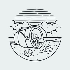 vacation summer beach vintage retro, vector line art illustration. Fun holiday, coloring book.