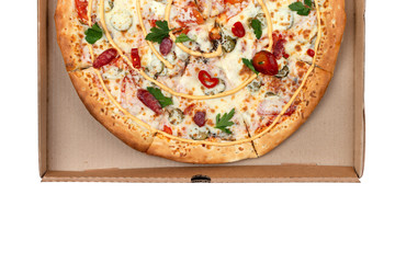 Hot pizza in a cardboard box. Tasty pizza with cheese, sausage, jalapenos and tomatoes on a white background. Top view.
