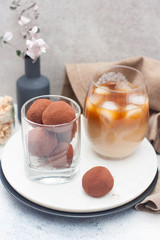 Cold coffee liqueur with chocolate truffles, rolled in cocoa powder