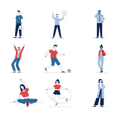 Fototapeta na wymiar Colorful set of different cartoon people. Flat vector illustrations of man and woman playing, skipping, jumping. Activity and lifestyle concept for banner, website design or landing web page