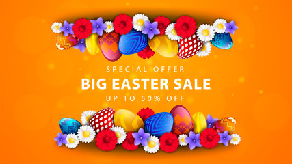 Easter vector banner with flowers and easter eggs in 3D style with special discount up to 50% bright yellow and orange background with highlights