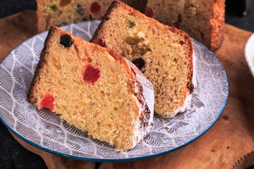 Homemade Easter cake. Easter cake on a dark background. Panettone. Easter recipe.