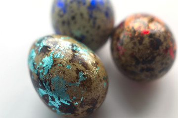 Galactic Easter eggs on a gray background, top view,. Selective focus