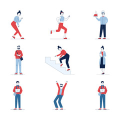 Fototapeta na wymiar Modern set of diverse various people. Flat vector illustrations of man and woman jogging, holding and stumbling. Activity and lifestyle concept for banner, website design or landing web page