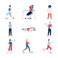 Trendy set of diverse cartoon people. Flat vector illustrations of man and woman standing, squatting, smoking. Everyday activity and lifestyle concept for banner, website design or landing web page