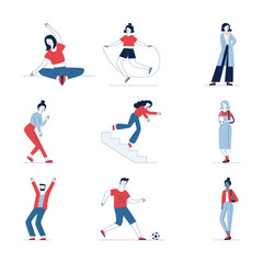 Fototapeta na wymiar Creative collection of various cartoon people. Flat vector illustrations of man and woman stumbling, dancing, skipping. Activity and lifestyle concept for banner, website design or landing web page