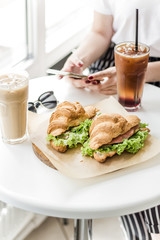 Delicious french breakfast with great views. croissants with salmon and coffee, what could be better?