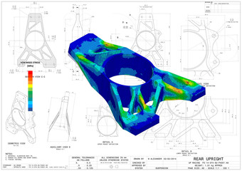 3D Illustration. Von Mises stress isometric view of car suspension upright with scale on top of engineering technical drawing  © Mathew