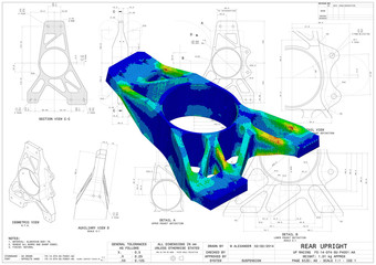 3D Illustration. Von Mises stress isometric view of car suspension upright without scale on top of engineering technical drawing  © Mathew
