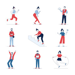Fototapeta na wymiar Stylish set of diverse cartoon people. Flat vector illustrations of man and woman standing, jumping, skipping. Activity and lifestyle concept for banner, website design or landing web page