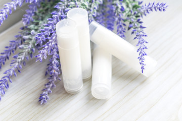 Fototapeta na wymiar lip balm with lavender. DIY lipstick made from natural eco-friendly ingredients.