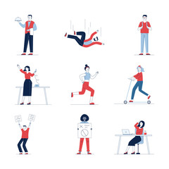 Fototapeta na wymiar Colorful collection of different cartoon people. Flat vector illustrations of characters jogging, standing at demonstration. Activity concept for banner, website design or landing web page