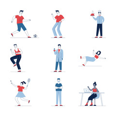 Fototapeta na wymiar Colorful collection of various cartoon people. Flat vector illustrations of man and woman waving, sitting, playing. Activity and lifestyle concept for banner, website design or landing web page