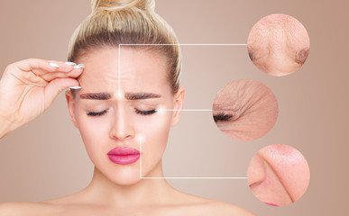 Circles with elderly wrinkled skin shows lifting cosmetic procedure.